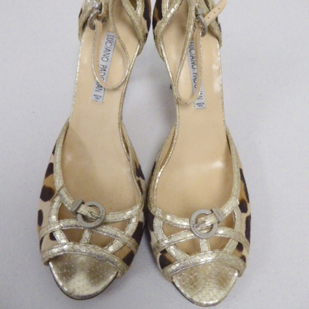 LUCIANO PADOVAN PEEP TOE LEOPARD gold high ankle strap Heels 40.5 10 Vintage